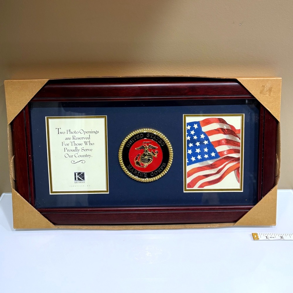 USMC Marine Corps Collage 2 Photo Frame 8x16 Emblem Flag Wall Display Mahogany